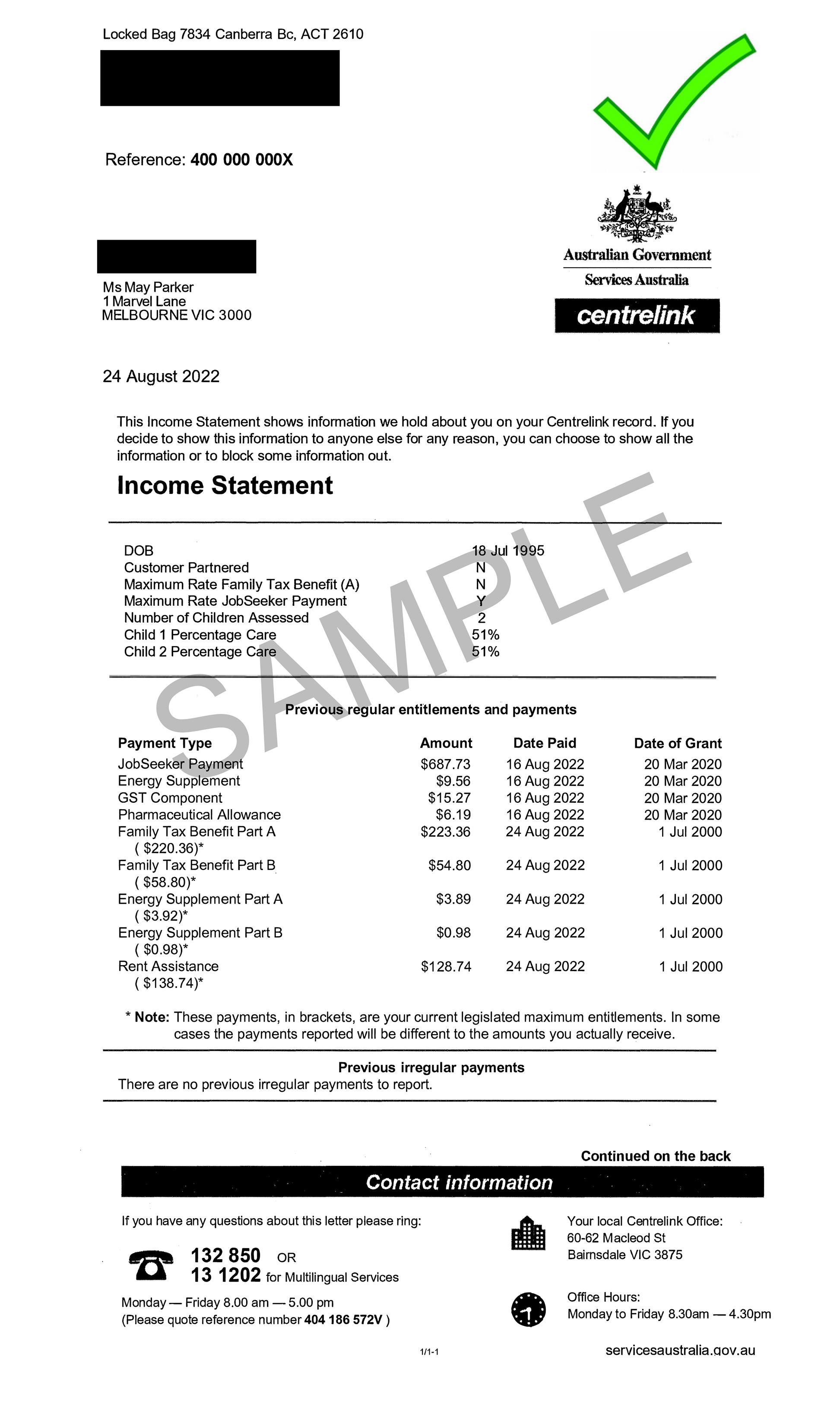 Example Centrelink benefit statement with name of applicant and their relationship to benefit recipient handwritten on the top of it.