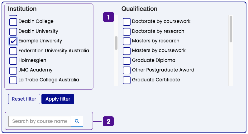select courses screenshot showing institution and qualification checkboxes and search field skeleton image
